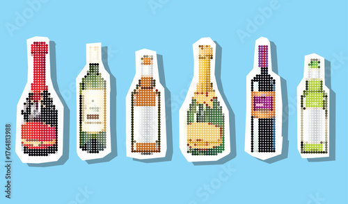 Set of different drinks and bottles dotted collage element in torn paper vector with pointillism.