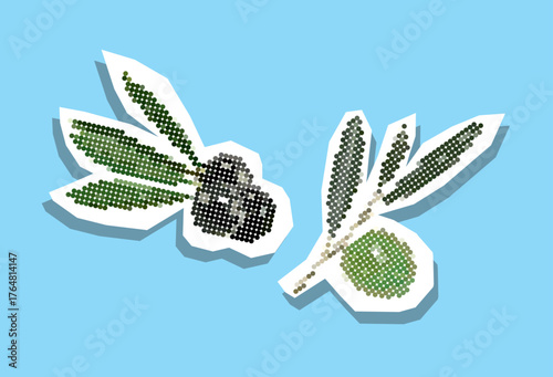 Olives, halftone dotted collage element pointillism  in paper torn vector. 