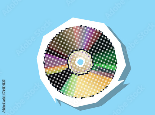 Compact disk halftone dotted collage element pointillize in paper torn vector. Ideal for music, technology, and retro media themes.
