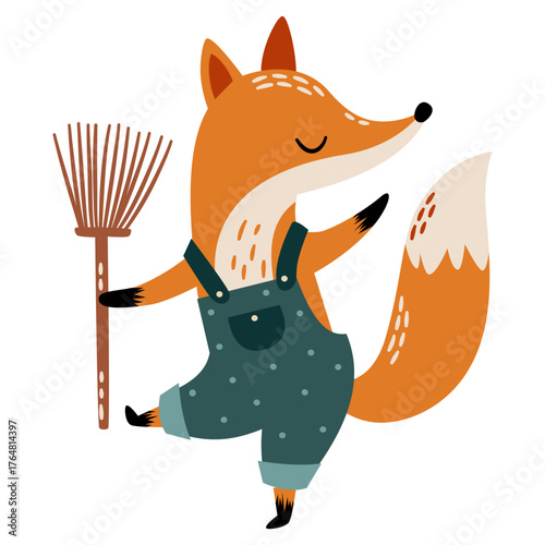 Cute fox gardener with a rake, flat vector illustration on a white background. Vector illustration