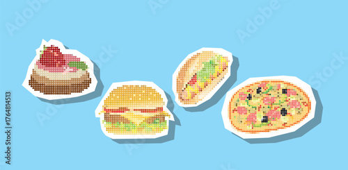 Fast food meals, halftone dotted collage element pointillism  in paper torn vector. 