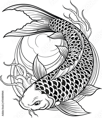 Traditional Japanese Koi Fish Line Art Vector IllustrationTraditional Japanese Koi Fish Line Art Vector Illustration