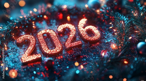 Sparkling 2026 New Year Celebration on Circuit Board with Christmas Decorations and Bokeh Lights, Festive Technology Concept