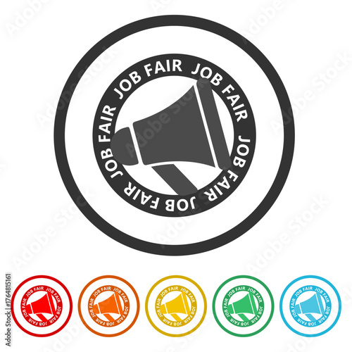 Job fair megaphone icon. Set icons in color circle buttons