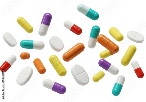 Colorful pills and capsules isolated PNG, pharmaceutical medication for healthcare and medical treatment on transparent background
