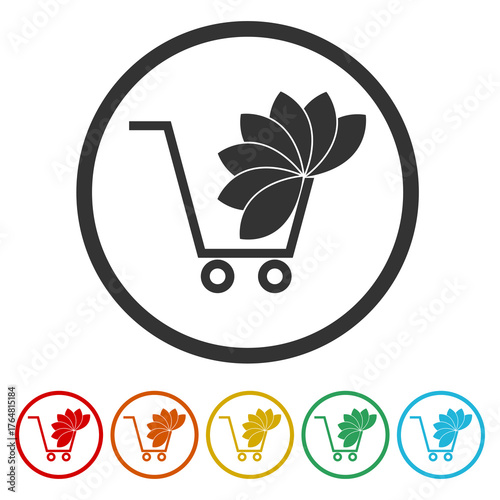 Shopping cart icon with a leaf. Set icons in color circle buttons