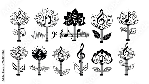 Musical Blooms: A symphony of floral arrangements, each blossom elegantly adorned with musical notes and symbols, creating a harmonious and artistic visual.