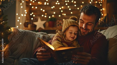Warm Embrace of Storytime: A tender moment unfolds as a father and daughter share the magic of a bedtime story, illuminated by the gentle glow of fairy lights and the warmth of a loving bond.