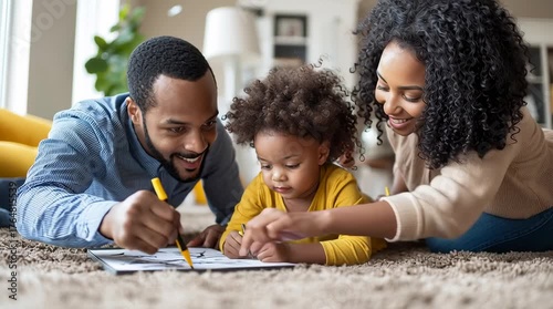 Family Bonding: A loving family spends quality time together at home, engrossed in a drawing activity, creating lasting memories.