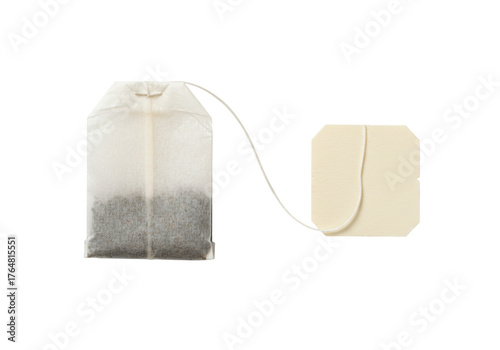 Tableau sur toile Tea bag with label isolated PNG, herbal beverage bag on transparent background f