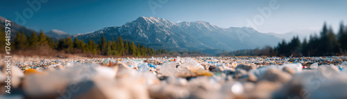 Trash strewn rocky picnic site with pine forest and snow capped mountain under clear blue sky in natural landscape