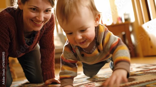Happy Mother and Baby: A radiant mother watches with affection as her baby crawls, showcasing the pure joy of maternal bonding and baby's first steps, highlighting the warmth of family life.
