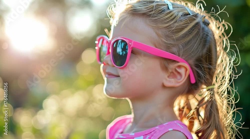 Sunshine Smile: A cheerful young girl wearing pink sunglasses beams with joy, her profile illuminated by the golden rays of the sun, and the image capture a carefree summer afternoon