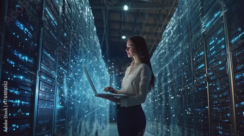 Data Center Professional: A woman analyzes data, illuminated by the glow of server racks. The image captures the digital landscape, highlighting technology and modern computing.