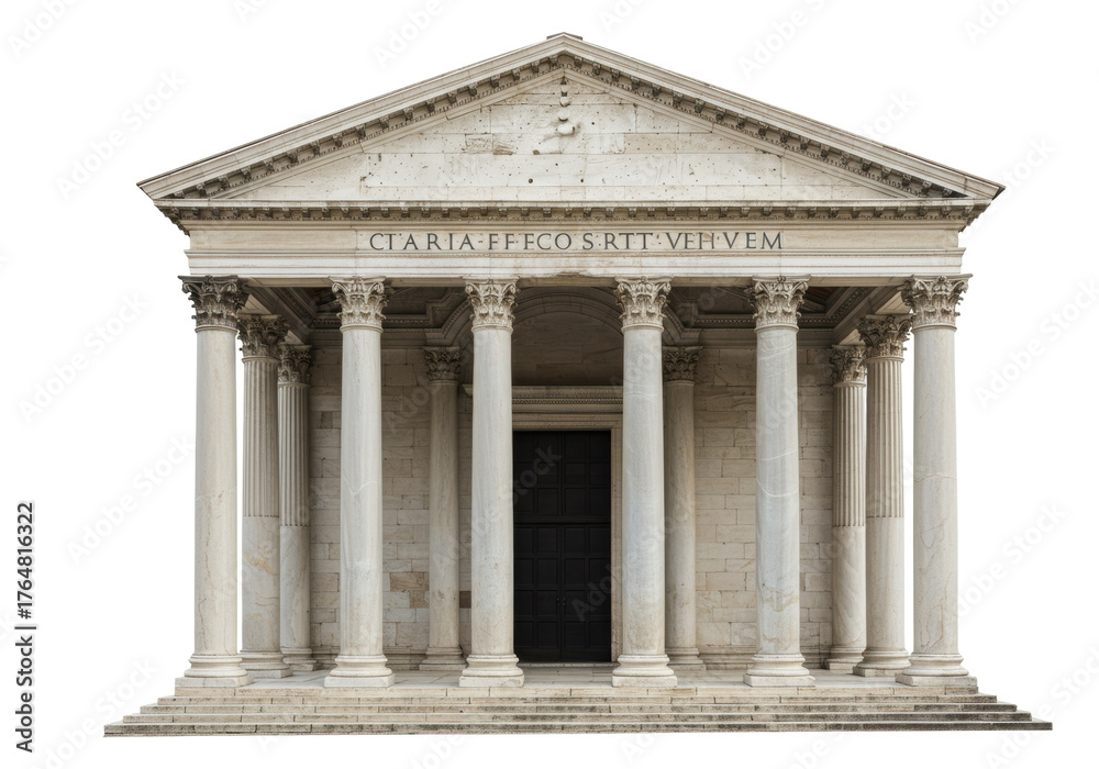 Fototapeta premium Neoclassical temple isolated on transparent background, architectural landmark with columns and triangular pediment, historical building