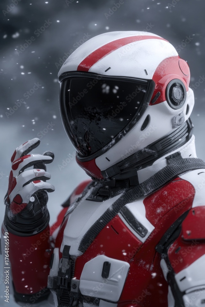 Fototapeta premium Astronaut in snowy landscape, showcasing advanced space suit des