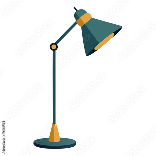 A stylized, flat design illustration of a teal and gold desk lamp with a conical shade and a circular base.