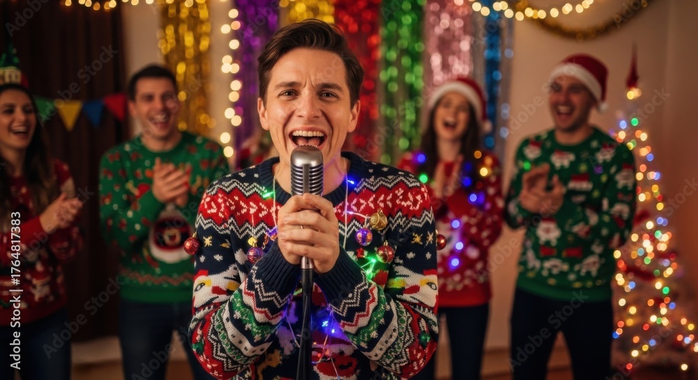 Obraz premium Festive celebration of ugly sweater day with friends singing and joyful holiday cheer