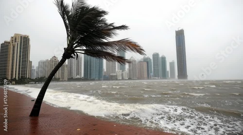 Coastal Fury: A palm tree battles against a fierce wind as waves crash onto the shore, the towering city skyline fading into the stormy horizon, capturing the raw power of the elements.