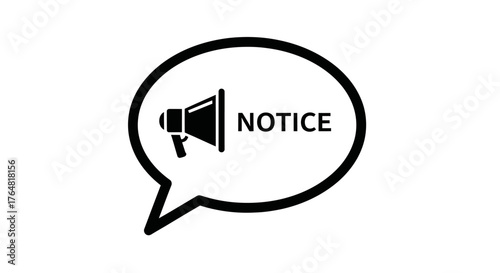 A black outline of a speech bubble with a megaphone and notice