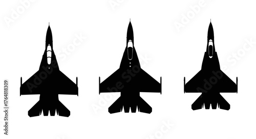 Three sleek silhouettes of modern fighter jets in a row