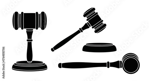 Black silhouette illustration of gavels and a sound block for court proceedings