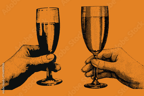 Halftone hands holding cups and mugs collage element. coffee or tea, sweets with vintage dotted texture. The effect of grain and dotted lines. Modern vector illustration.