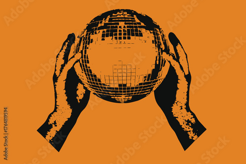 Halftone Disco ball collage vector illustration with dotted stipple effect. Set of trendy modern retro elements with grainy dirty photocopy texture isolated on transparent background