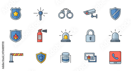Colorful Security and Protection Icons Set with Outlined Style and Detailed Design.