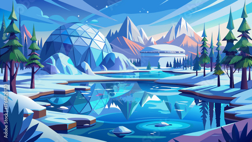 . Very beautiful eco-inspired winter wonderland showing reflective ice patterns on a frozen lake surface, capturing nature’s candid artistry and environmental harmony in cold serenity.
