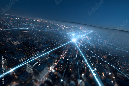 Data stream light trails: Top down city view with flowing data streams creates digital cityscape, evoking sense of futuristic connectivity