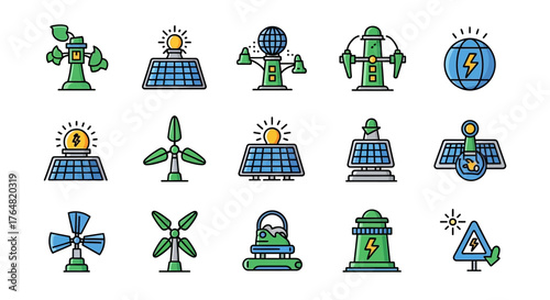 Colorful Vector Illustrations of Renewable Energy Sources and Sustainable Power Generation.