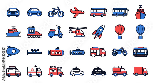 Colorful Vector Illustrations of Various Transportation Vehicles and Modes of Transport.
