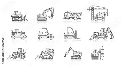 Construction Vehicles Line Art - Bulldozer, Excavator, Dump Truck, Crane, Roller, Forklift, Loader, Jackhammer.