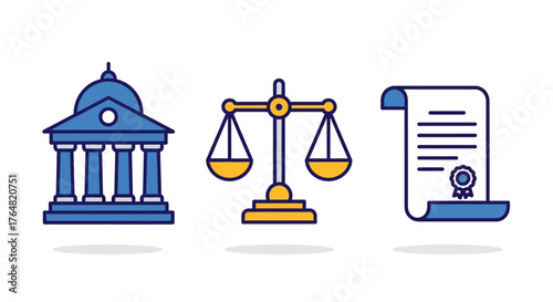 Courthouse, Scales of Justice, and Diploma Illustration with Blue and Yellow Accents.