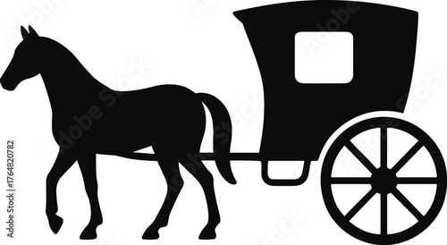 horse-drawn carriage with large spoked wheels and covered cabin silhouette