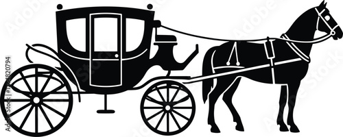 horse-drawn carriage with large spoked wheels and covered cabin silhouette