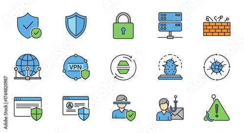 Cybersecurity Icons - Colorful Shields, Padlock, Server, Virus, and Alert Symbol.