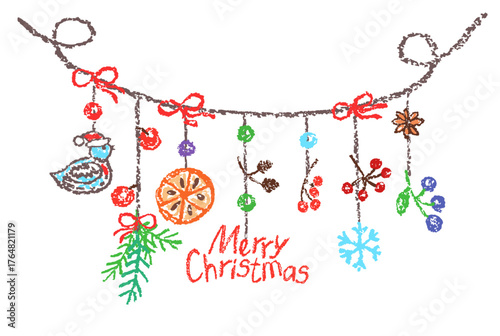 Christmas holiday hanging decoration garland with threads. Star, tit bird, berries. Crayon, pastel chalk or pencil kids hand drawing doodle funny style. Cartoon flat bright art simple banner