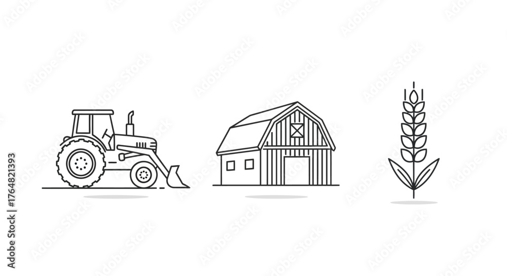 Naklejka premium Detailed Line Art Illustration of a Farm Tractor with Front Loader, Side View.