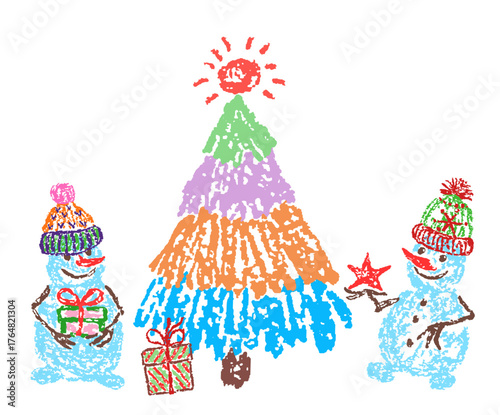 Christmas funny space area with tree and cute snowman in hat. Crayon, pastel chalk or pencil like kids hand drawing style. Gift, colorful holiday garland light. Cartoon flat vibrant color scene vector