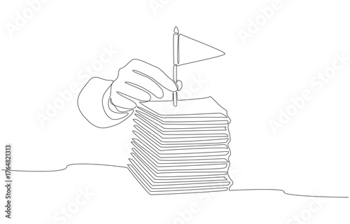 Continuous one line drawing of hand placing flag on top of stack of documents, symbolizing completion of task or success in taking responsibility for work, single line art.