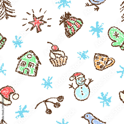 Christmas things seamless pattern. Holiday set. Tree, snowman, bird, Santa Claus hat, mitten. Crayon, pastel chalk or pencil kids hand drawing doodle funny background. Cartoon flat art simple vector