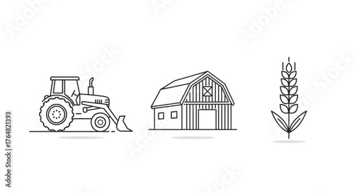 Detailed Line Art Illustration of a Farm Tractor with Front Loader, Side View.