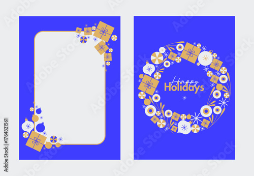 Happy holidays greeting card with gold wreath and gift decorations on a blue background, New Year Christmas