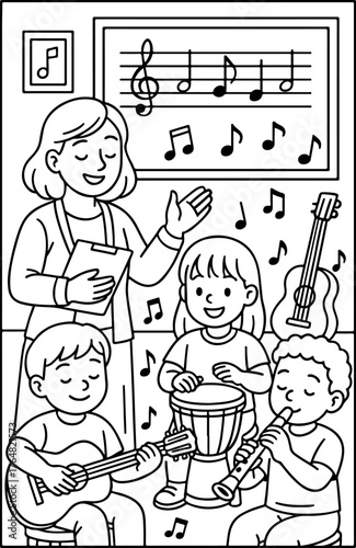 hand drawn vector doodle illustration of music class coloring page for kids line art