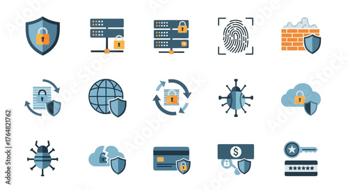 Diverse Collection of Digital Security and Data Protection Icons.