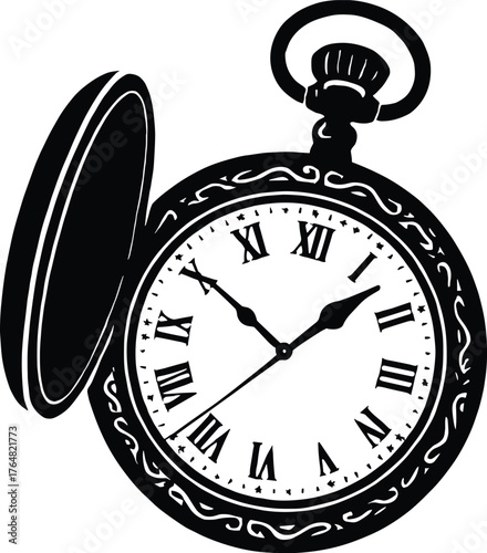 vintage pocket watch with ornate casing and open lid silhouette