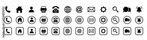 Web icon set. Home, location, globe, message, mail, telephone, information, support, search. Contact and web icons set. Website set icon vector.
