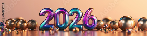 Metallic 3D text 2026 in a festive environment